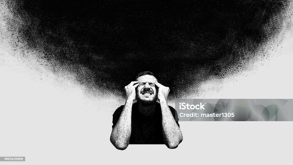 Ein mann der sich angestrengend an denn kopf fässt und dadrüber ist eine schwarze wolke die eine gedanken blase darstellen soll